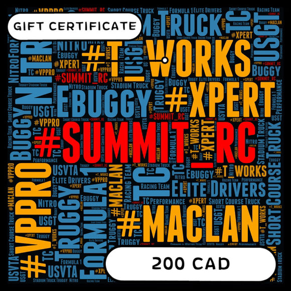 SUMMIT RC RACING E-GIFT CERTIFICATE $200 CAD